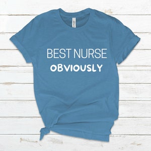 May include: A blue t-shirt with white text that reads "BEST NURSE OBVIOUSLY".