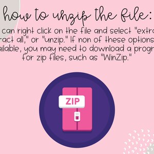 Pode incluir: Uma ilustra&ccedil;&atilde;o rosa e roxa de uma pasta compactada com a palavra "ZIP" nela. O texto "how to unzip the file:" est&aacute; acima da ilustra&ccedil;&atilde;o. O texto abaixo da ilustra&ccedil;&atilde;o explica como descompactar um arquivo em um computador.
