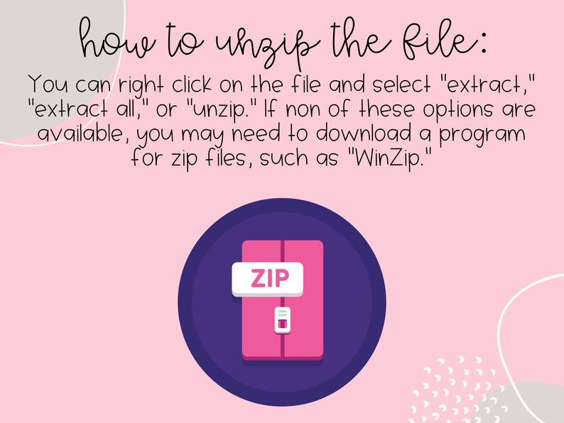 Pode incluir: Uma ilustra&ccedil;&atilde;o rosa e roxa de uma pasta compactada com a palavra "ZIP" nela. O texto "how to unzip the file:" est&aacute; acima da ilustra&ccedil;&atilde;o. O texto abaixo da ilustra&ccedil;&atilde;o explica como descompactar um arquivo em um computador.