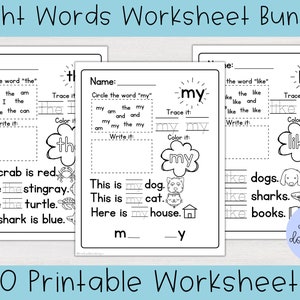 May include: A set of 20 printable worksheets for teaching sight words. The worksheets feature the words "the", "my", and "like" with activities such as tracing, circling, and writing the words. The worksheets also include illustrations of a crab, stingray, turtle, shark, dog, cat, and house.