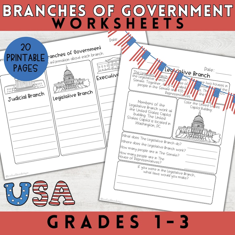 Three Branches of Government Worksheets for 1st Grade, 2nd Grade, 3rd ...