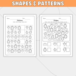 May include: Two educational worksheets titled SHAPES & PATTERNS. The left sheet features rows of geometric shapes for pattern completion. The right sheet contains a box filled with various outlined shapes to count, with empty boxes for writing totals.