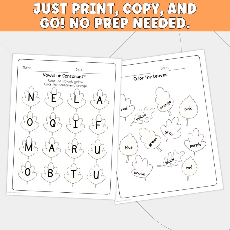 May include: Two educational worksheets featuring black and white line art of leaves. The first sheet titled Vowel or Consonant? contains letters inside leaf outlines. The second sheet titled Color the Leaves features leaves labeled with color names.