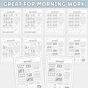 Puede incluir: Una colecci&oacute;n de hojas de trabajo en blanco y negro con tem&aacute;tica invernal para ni&ntilde;os. Las hojas de trabajo incluyen conteo, reconocimiento de n&uacute;meros y problemas de suma simples. El texto "GREAT FOR MORNING WORK" est&aacute; en la parte superior.