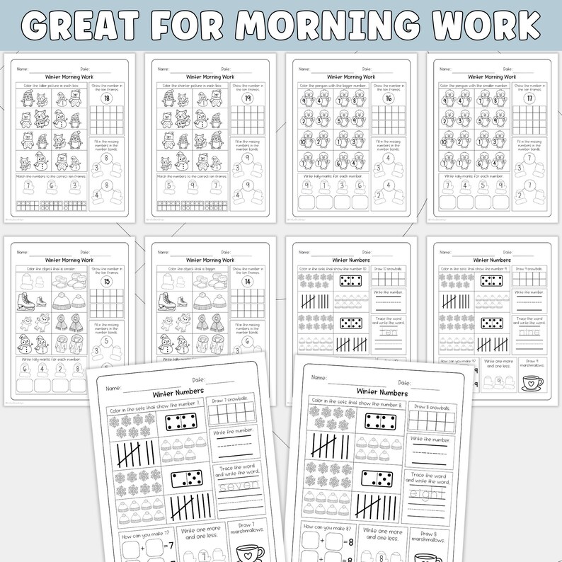 Puede incluir: Una colecci&oacute;n de hojas de trabajo en blanco y negro con tem&aacute;tica invernal para ni&ntilde;os. Las hojas de trabajo incluyen conteo, reconocimiento de n&uacute;meros y problemas de suma simples. El texto "GREAT FOR MORNING WORK" est&aacute; en la parte superior.