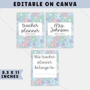 May include: Three teacher planners with floral and smiley face patterns. The top two planners read "teacher planner 2025-2026" and "Mrs. Johnson 2025-2026". The bottom planner reads "this teacher planner belongs to:". The planners are 8.5 x 11 inches.