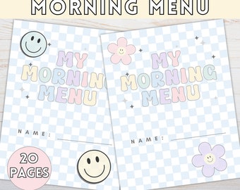 May include: Printable pastel checkered morning menu with a smiley face and flower design. The text says "My Morning Menu" and includes a space for a name. It says "20 Pages" and "Ready to Print".