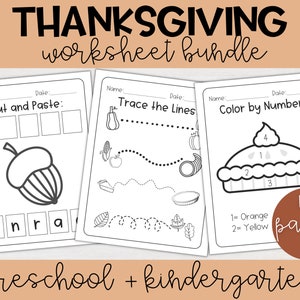 May include: A set of 50 Thanksgiving-themed worksheets for preschool and kindergarten. The worksheets include activities such as cut and paste, tracing lines, and color by number. The worksheets feature images of acorns, pumpkins, corn, and pies.