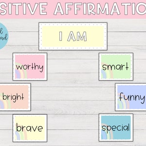 Puede incluir: Un conjunto de ocho tarjetas de afirmación coloridas con acentos de arcoíris. Las tarjetas presentan las palabras "Yo soy", "digno", "inteligente", "divertido", "brillante", "especial", "valiente" y "especial".