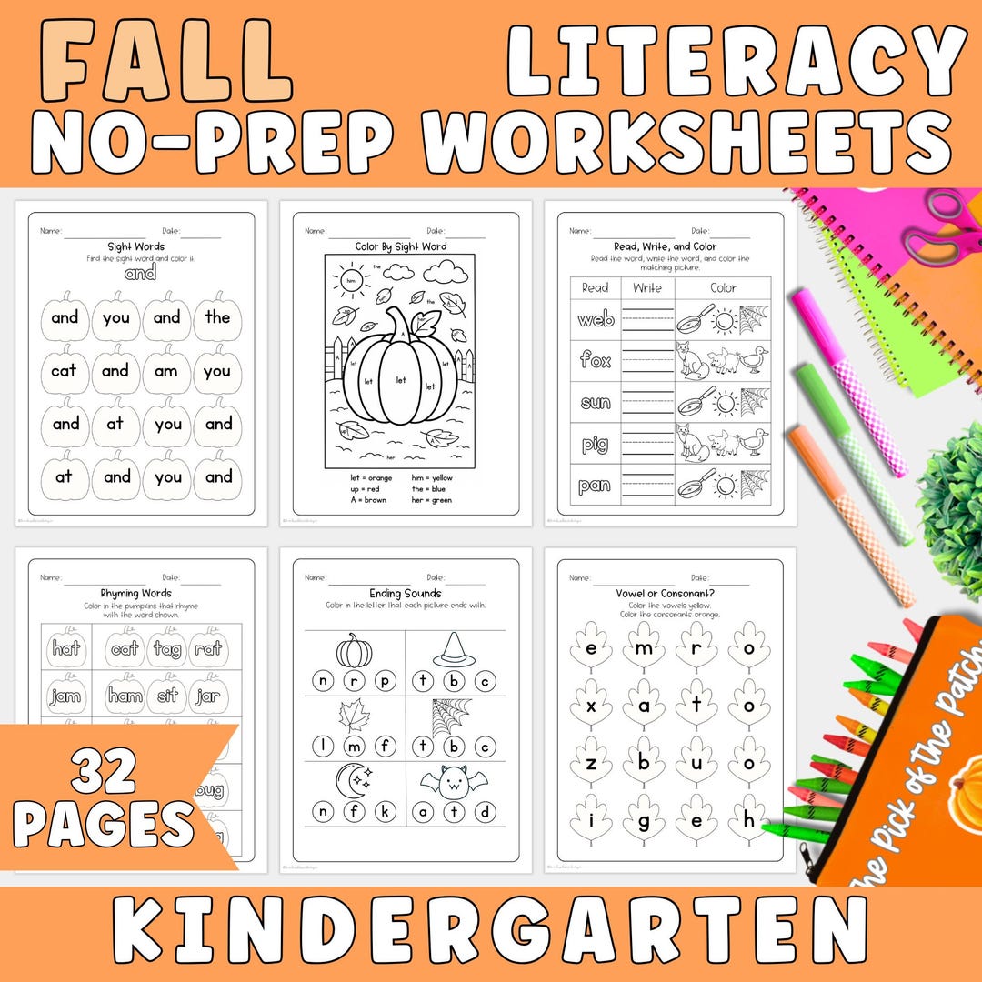 Fall No Prep Literacy Worksheet Bundle for Kindergarten | Homeschool ...