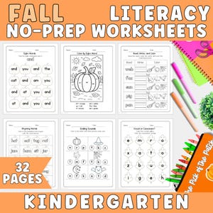 Fall No Prep Literacy Worksheet Bundle for Kindergarten | Homeschool Worksheets, Fall Worksheet Bundle, Kindergarten Worksheet, Autumn ELA