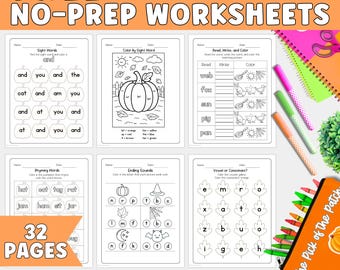 Fall No Prep Literacy Worksheet Bundle for Kindergarten | Homeschool Worksheets, Fall Worksheet Bundle, Kindergarten Worksheet, Autumn ELA
