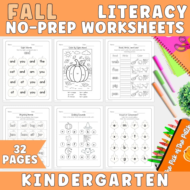 May include: Six black and white educational worksheets titled Fall Literacy No-Prep Worksheets for kindergarten, featuring pumpkin, leaf, and seasonal graphics with literacy exercises, alongside colorful markers and a pencil case.