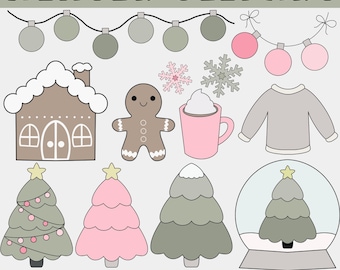 Rosa Winter Clipart-Set | Handgezeichnete Winter Graphik | Farb- und Schwarzweiß-PNGs | Schneemann, Handschuhe, heißer Kakao, Lebkuchen, Ornamente