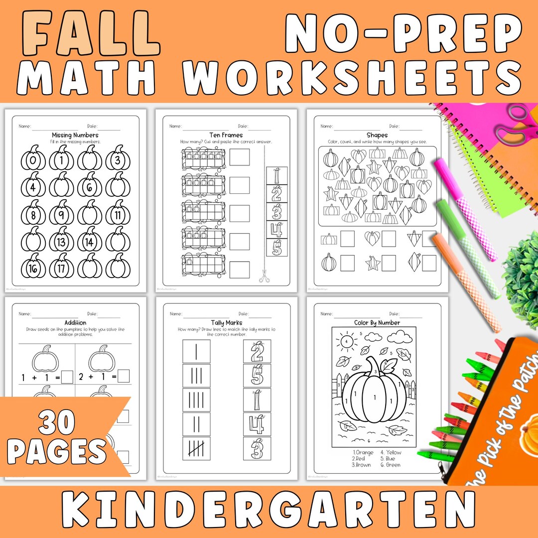 Fall No Prep Math Worksheet Bundle for Kindergarten | Homeschool ...
