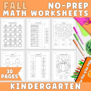 Fall No Prep Math Worksheet Bundle for Kindergarten | Homeschool Worksheets, Fall Worksheet Bundle, Kindergarten Worksheet, Autumn Worksheet