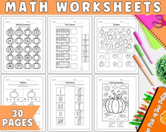 Fall No Prep Math Worksheet Bundle for Kindergarten | Homeschool Worksheets, Fall Worksheet Bundle, Kindergarten Worksheet, Autumn Worksheet