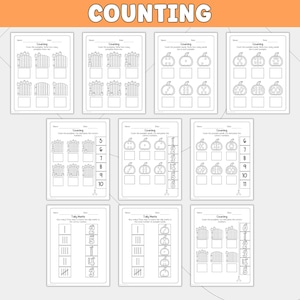 May include: A collection of nine educational worksheets titled Counting and Tally Marks. Each page features black and white line art illustrations of pumpkins, fences, and tally marks with empty boxes for writing numbers or cutting and pasting.