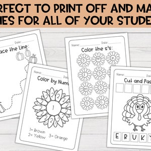May include: Four printable Thanksgiving-themed worksheets for kids. The worksheets include tracing lines, coloring by numbers, coloring the letter 's', and cutting and pasting letters to spell the word 'turkey'.
