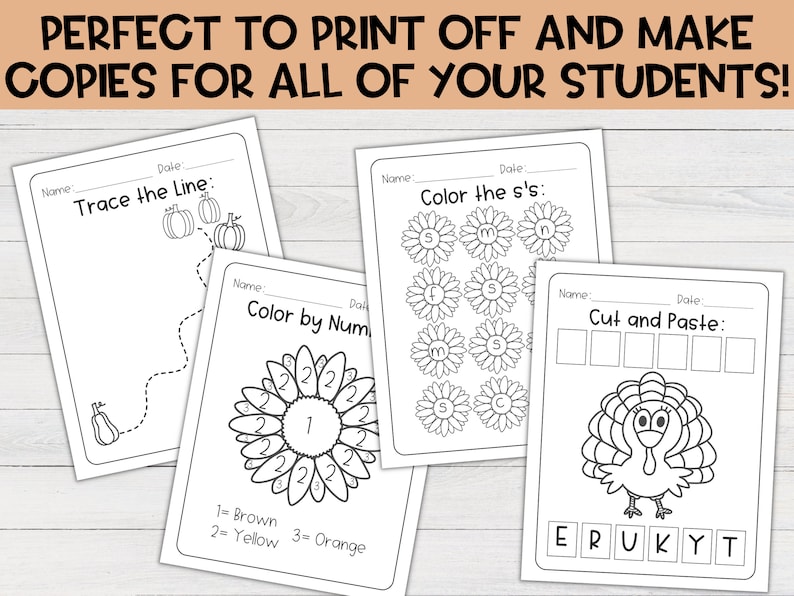 May include: Four printable Thanksgiving-themed worksheets for kids. The worksheets include tracing lines, coloring by numbers, coloring the letter 's', and cutting and pasting letters to spell the word 'turkey'.