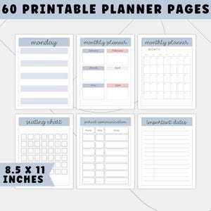 May include: A collection of six printable planner pages. The pages include a "monday" page, two "monthly planner" pages, a "seating chart", a "parent communication" page, and an "important dates" page. The pages are 8.5 x 11 inches.