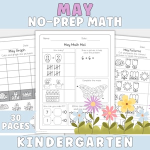 Könnte beinhalten: Ein Satz von 30 Seiten Mathe-Arbeitsblättern für den Kindergarten mit Frühlingsmotiven. Die Arbeitsblätter umfassen Grafiken, Muster und Mathe-Aufgaben. Der Titel "MAY NO-PREP MATH" wird in lila Buchstaben angezeigt. Das Wort "KINDERGARTEN" steht unten.