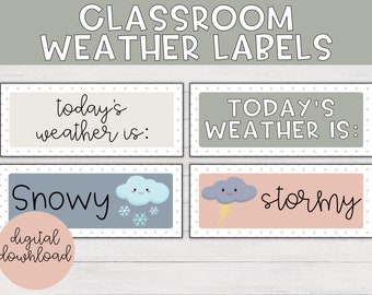 May include: Four printable classroom weather labels with a cute cartoon cloud design. The labels say "Today's weather is:" and include the words "Snowy" and "stormy".