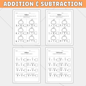 May include: Four educational worksheets titled Addition & Subtraction featuring black and white line art of pumpkins. Each page includes math problems with blank boxes for answers, using pumpkin illustrations to help solve addition and subtraction equations.