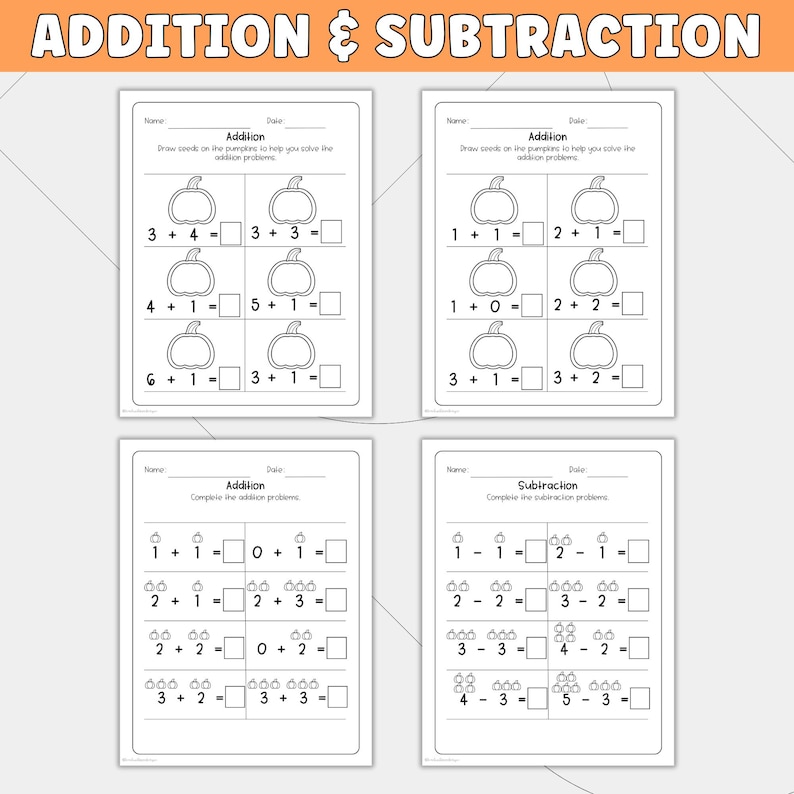 May include: Four educational worksheets titled Addition & Subtraction featuring black and white line art of pumpkins. Each page includes math problems with blank boxes for answers, using pumpkin illustrations to help solve addition and subtraction equations.