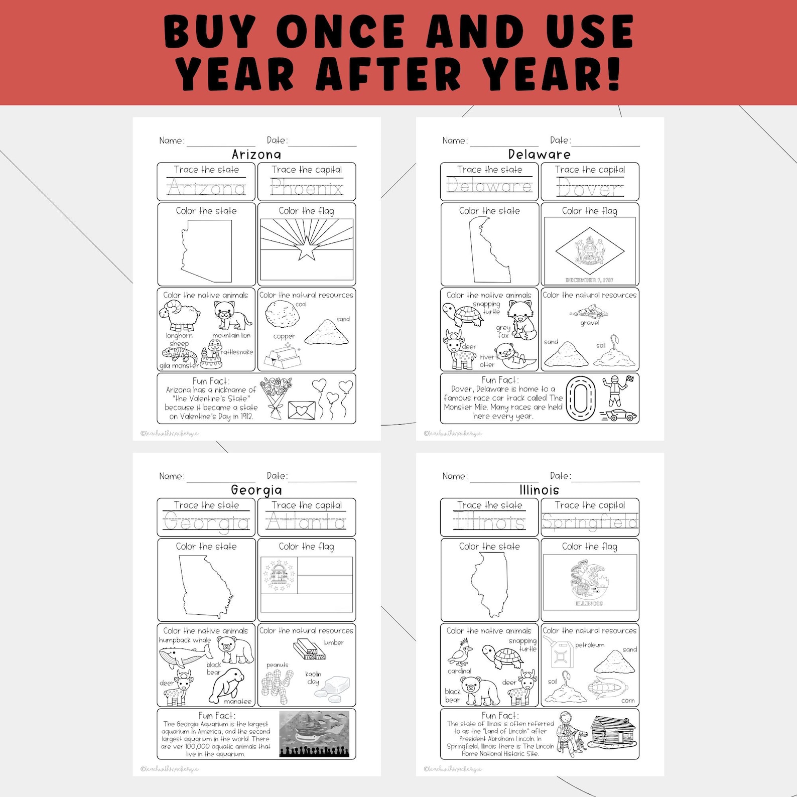 50 States Review Worksheets | Tracing & Coloring Pages, USA Geography ...