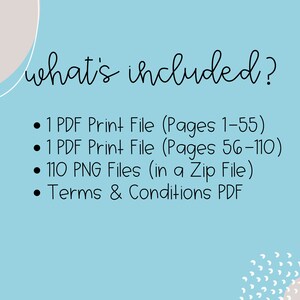 May include: A blue background with white text that says "what's included?" and a list of digital files included in the purchase: 1 PDF Print File (Pages 1-55), 1 PDF Print File (Pages 56-110), 110 PNG Files (in a Zip File), and Terms & Conditions PDF.