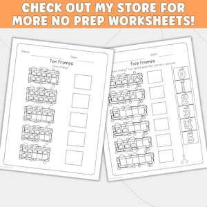 May include: Two educational worksheets featuring black and white line art of pumpkins in ten frames and five frames. The text includes 'Ten Frames', 'Five Frames', 'How many?', 'Name:', 'Date:', and 'Cut and paste the correct answer'.