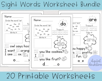 Sight Words Worksheets Bundle | Printable Sight Word Worksheets, Sight Word Practice, Kindergarten Worksheets, Sight Word Printable, Pre-K