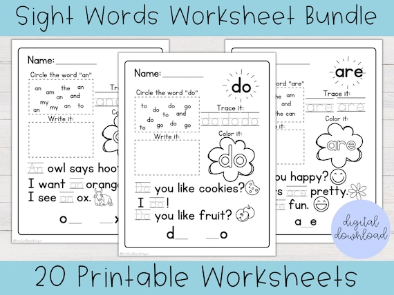 Sight Words Worksheets Bundle | Printable Sight Word Worksheets, Sight Word Practice, Kindergarten Worksheets, Sight Word Printable, Pre-K