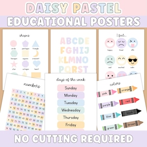 May include: Educational posters with a daisy pastel theme. The posters include shapes, the alphabet, emotions, days of the week, numbers, and colors. The text "NO CUTTING REQUIRED" is at the bottom.