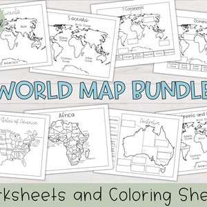 Weltkarte Arbeitsblatt und Malvorlagen Bundle | Druckbare Weltkarten, druckbare Kontinente und Ozeane Arbeitsblätter, 7 Kontinente Arbeitsblatt, Karte