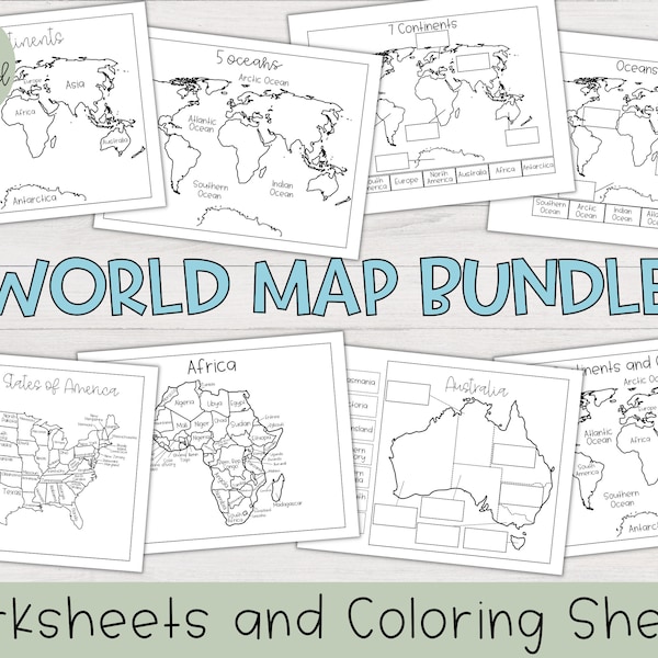 World Map Worksheet and Coloring Page Bundle | Printable World Maps, Printable Continents and Oceans Worksheets, 7 Continents Worksheet, Map