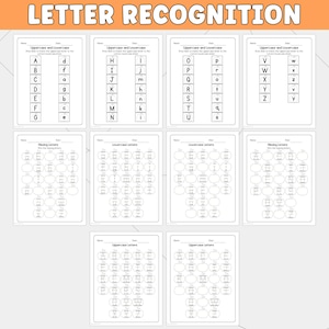 May include: A collection of eleven educational worksheets titled Letter Recognition, featuring black and white printables with exercises for matching uppercase and lowercase letters, filling in missing letters, and tracing alphabet characters.