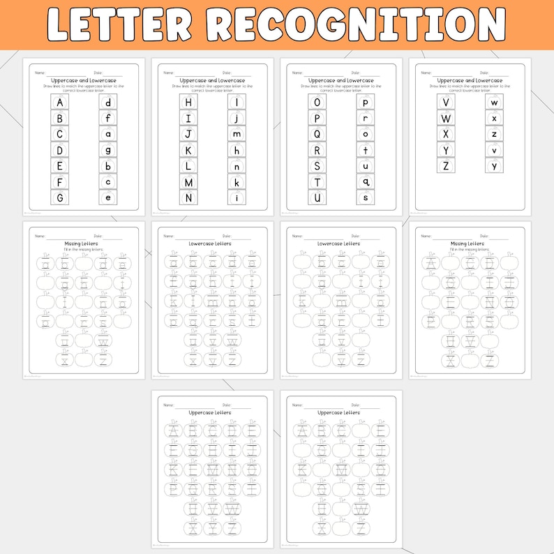May include: A collection of eleven educational worksheets titled Letter Recognition, featuring black and white printables with exercises for matching uppercase and lowercase letters, filling in missing letters, and tracing alphabet characters.