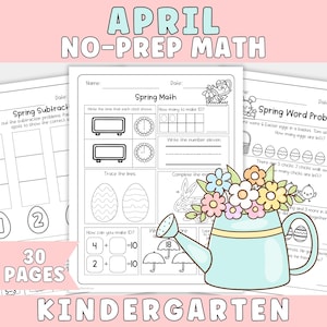 Kindergarten Math Worksheets April Printable, Easter Math Activities, Spring Math Packet, No Prep Worksheets, Homeschool Morning Work