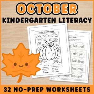 May include: Educational worksheets titled OCTOBER KINDERGARTEN LITERACY featuring a Color By Sight Word page with a pumpkin illustration and a Rhyming Words page with pumpkin outlines, accompanied by a smiling orange maple leaf graphic.