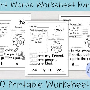 May include: Black and white printable worksheets for learning sight words. The words "to", "go", and "you" are featured on the worksheets. The worksheets include activities such as tracing, circling, and writing the words.