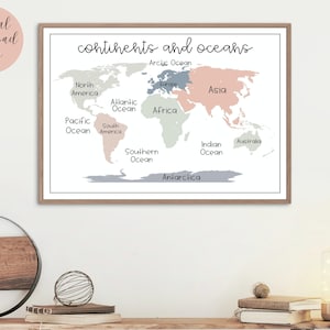 Wereldkaart | Continenten en oceanen kaart | Boho Rainbow, afdrukbare wereldkaart, klaskaart, geografie, Boho klaslokaal, kaartposter, thuisschool