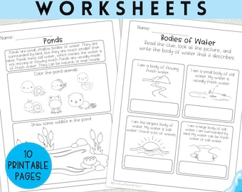 Wateren werkbladen voor het eerste leerjaar | Afdrukbaar werkblad waterlichamen, kleuterschool, werkblad tweede leerjaar, werkblad thuisonderwijs