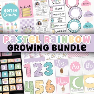 Pastel Rainbow Classroom Decor Growing Bundle | Classroom Theme, Editable Canva Templates, Printable Teacher Decor, Homeschool Classroom