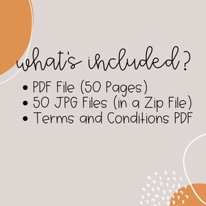 May include: Text on a light grey background with orange circles. The text reads "what's included?" followed by a list of items: "PDF File (50 Pages)", "50 JPG Files (in a Zip File)", and "Terms and Conditions PDF".