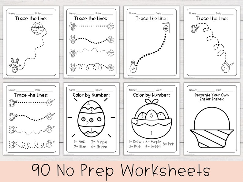 May include: A collection of eight black and white Easter-themed worksheets. The worksheets include tracing lines, coloring by number, and a design-your-own Easter basket activity. The text "90 No Prep Worksheets" is at the bottom.