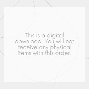 Op de afbeelding: Een digitale download aankondiging op een lichtgrijze achtergrond met gebogen lijnen. De tekst luidt: "Dit is een digitale download. U ontvangt geen fysieke items met deze bestelling."