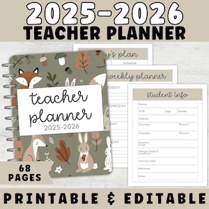 2025-2026 Teacher Planner Printable Woodland Theme, Editable Teacher Planner PDF, Lesson Plan, Calendar, To-Do List, Daycare Teacher Planner