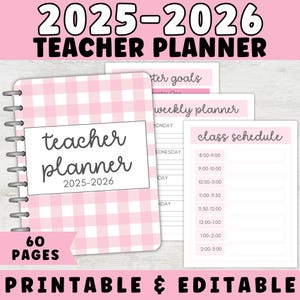 2025-2026 Teacher Planner Printable Pink Gingham | Editable Teacher Planner PDF | Lesson Plan, Calendar, To-Do List, Digital Planner